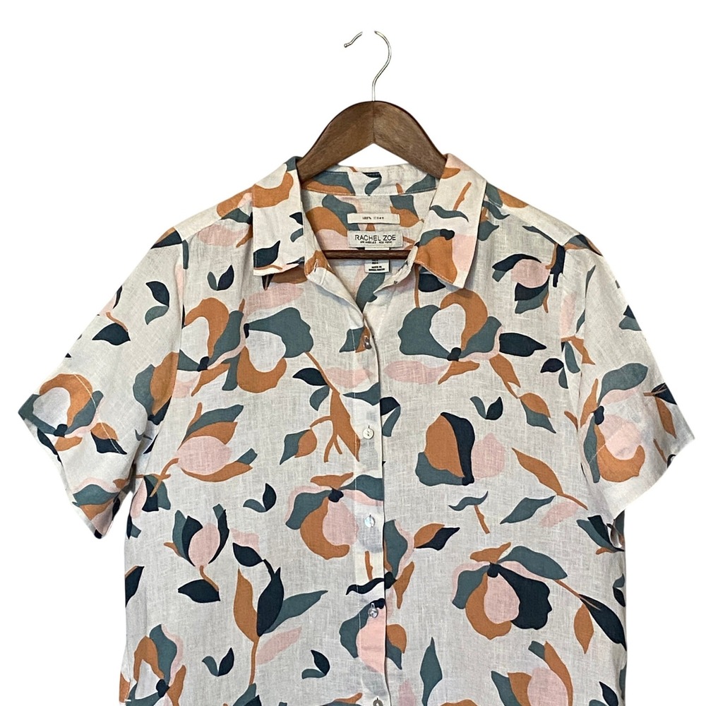 Rachel Zoe Women Linen Shirt Dress Size L Abstract Floral Coastal Resort Pockets - Picture 3 of 14